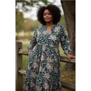 Madison Mathews Floral Tiered Folly Midi Dress Navy Multi Pockets Size Medium